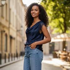 Blusa Michael Michael Kors Encaje Cuello Capucha Azul Medianoche Satinado Top Nueva con Etiquetas