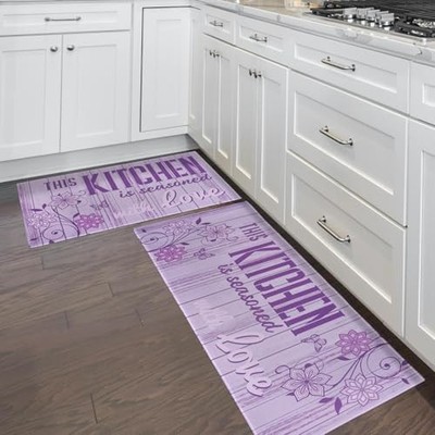 Farmhouse Rustic Kitchen Mats for Floor 2 Piece Set, Woodgrain Boho Purple