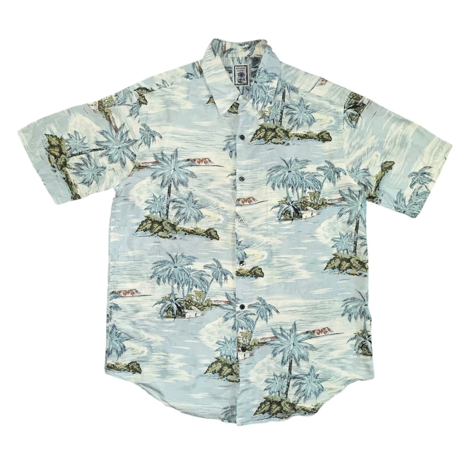 Roundtree & Yorke Silk Shirt Mens Medium Beach Coastal Ocean Palm Trees Hawaiian