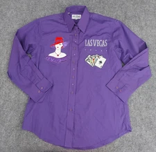 Get Lucky Las Vegas Shirt Womens Small Purple Red Hat Cards Rhinetones Button Up