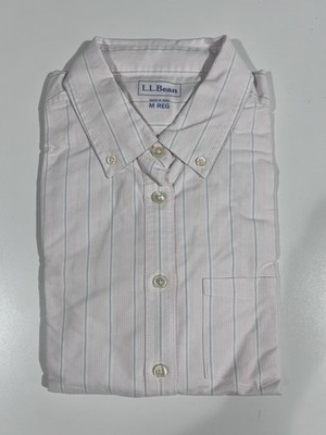 NWOT LL Bean Washed Oxford Shirt with 3/4 sleeves Pink Blue Stripes Cotton Sz M