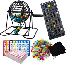 Deluxe Bingo Game Set - Metal round Cage, 75 Colored Bingo Balls, 100 Bingo Card