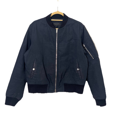 Rag & Bone Bomber Jacket Mens L Blue Wool Blend Embroidered Full Zip Casual