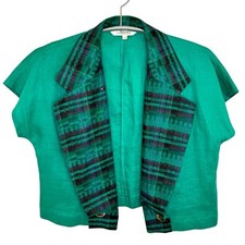 Y2K 90s ADDENDA Green Plaid Open Front Asymmetrical Crop Blazer Jacket, Small