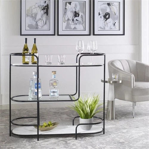 Uttermost Trolley Bar Tempered Glass and Marble Console in White/Satin Black - Picture 6 of 7