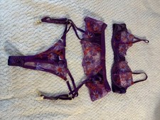 VTG Beautiful Purple Satin Bra, Garter,Panties With Flower Embroidery Set Size L