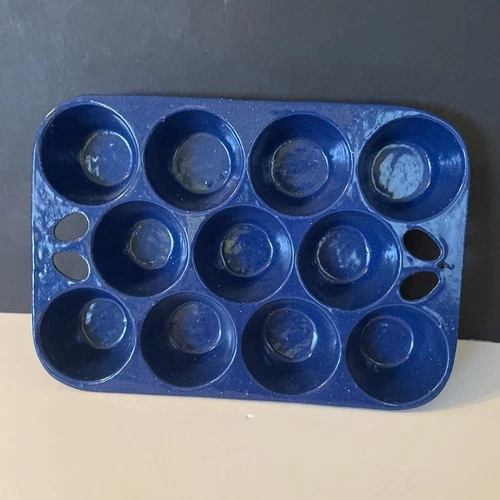 Unmarked Griswold Enameled Cast Iron Muffin Pan Blue with White Speckels
