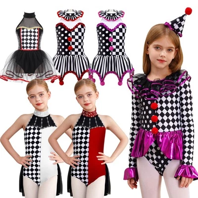 Kids Girls Retro Circus Clown Leotard Bodysuit Ballet Dance Tutu Dress Jumpsuit