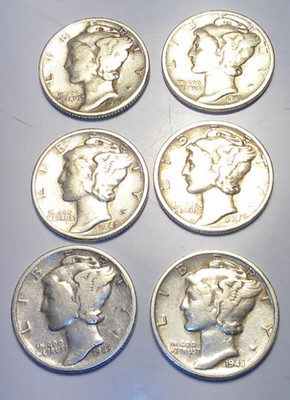 Mercury Dimes: 1940 - 1945 Denver --6 Coins-- (10B-168)
