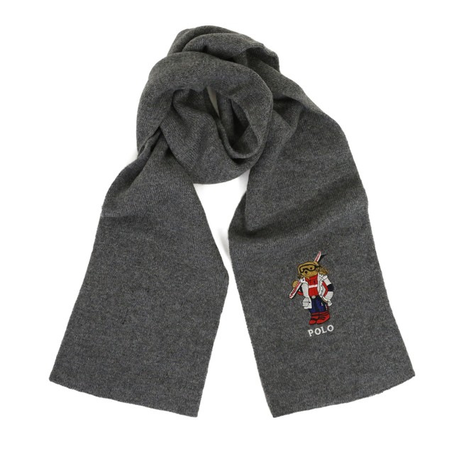 Polo Ralph Lauren Bear Wool Cotton Blend Scarf Scarves Grey w/ Ski