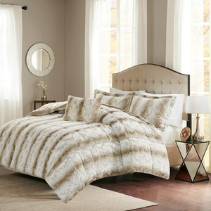 Soft Silky Sand Chinchilla Faux Fur Comforter 4 Pcs King Full