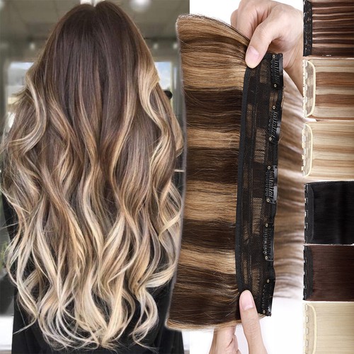 THICK U Shape One Piece Clip in Remy Human Hair Extensions Full Head Highlight - Picture 1 of 43