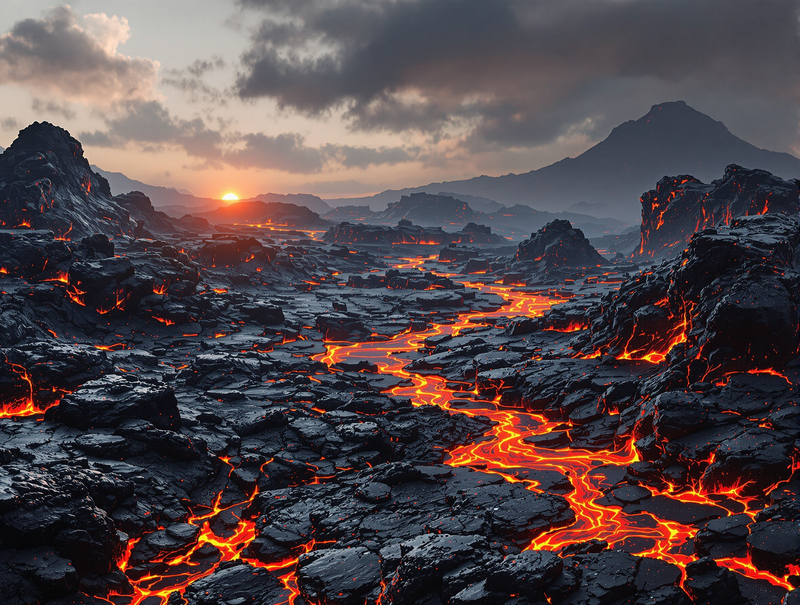 Molten Lava Flows across Cooling Volcanic Landscape at Sunset