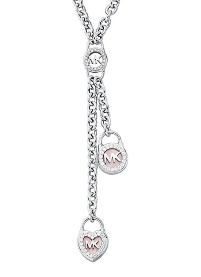 MICHAEL KORS PLATA CIRCONITA CÚBICA Y PERLA CORAZÓN CANDADO COLLAR LARIAT MKC1561A6040 NUEVO EN CAJA Foto 3 de 4