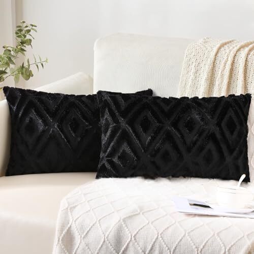 Soft Faux Fur Throw Pillow Covers 12x20 Plush Short Wool 12 x 20-Inch  Black