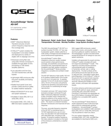 IP54 Passive Loud Speakers QSC AD-S4T AcousticSound Black Set of 2 - Picture 7 of 8