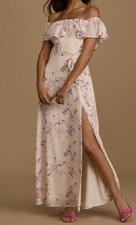 Lulus Light Pink Floral Print Off-the-Shoulder Belted Front Slit Dress, Sz M