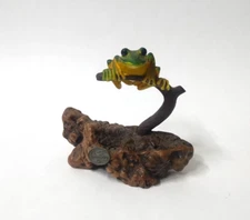 Yellow And Green Tree Frog Art Sculpture on Burlwood Base  Vintage John Perry