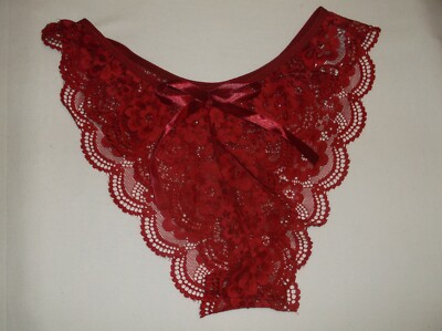 Shein sheer scallop lace high-leg cut cheeky panties S burgundy nip 80's retro