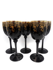 5 RED GILT PAINTED BLACK/DEEP RED AMETHYST COLOUR STEM WINE HOCK GLASSES