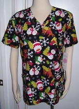 Women's EliteMed MicroFlex Black V Neck Santa Christmas Reindeer Scrub Top L