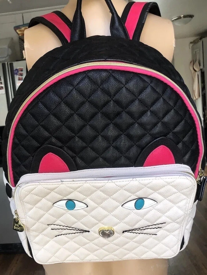Betsey Johnson Womens Cat Quilted Backpack White Black Pink Faux Leather - Image 2 of 4