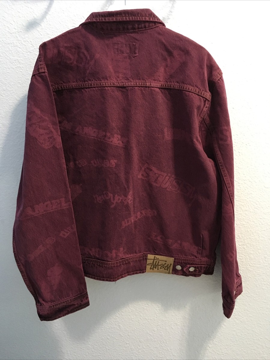 Stussy zip work allover prints LA Mens denim jacket fucshia Stussy zip work allover prints LA Mens denim jacket fucshia