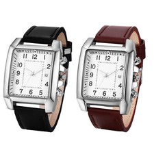 Men Retro Arabic Numberals Square Dial Leather Band Quartz Wrist Watch With Date