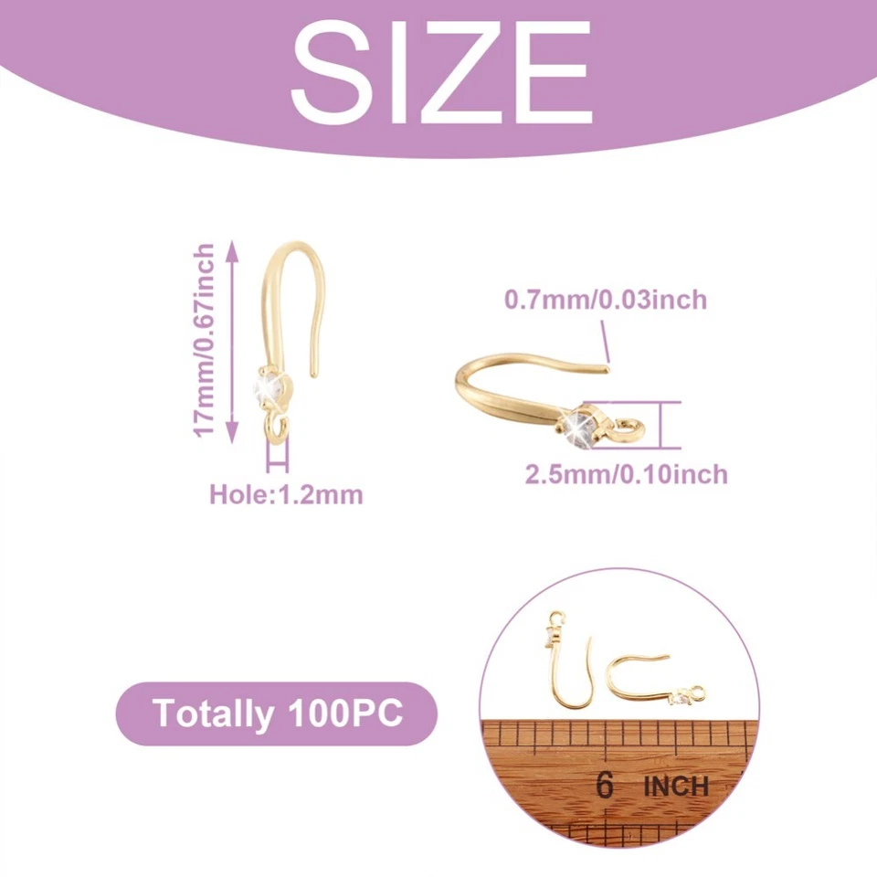 50Pcs Nickel Free Brass Micro Pave Cubic Zirconia Earring Hooks with Loop 17mm  - Image 4 of 4