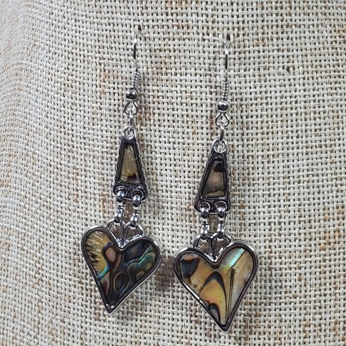 Vintage Abalone Hearts Earrings Silver Tone 2.5 Inch Dangle Drop - Bild 3 von 4