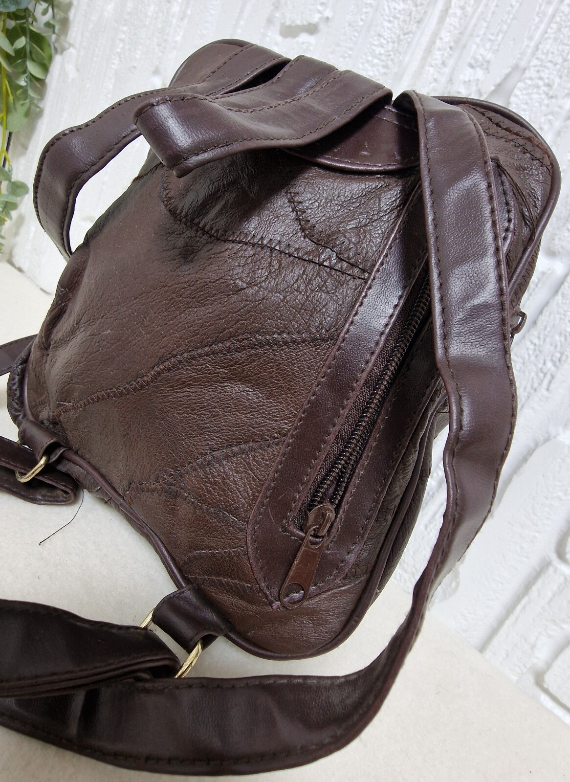 Vintage Brown Leather Patchwork Backpack Multi-Po… - image 5