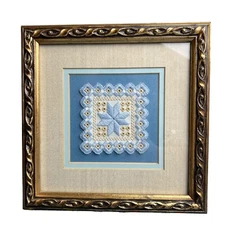 Hardanger Cross Stitch Embroidery Framed Doily Blue White Norway Gold Needlework