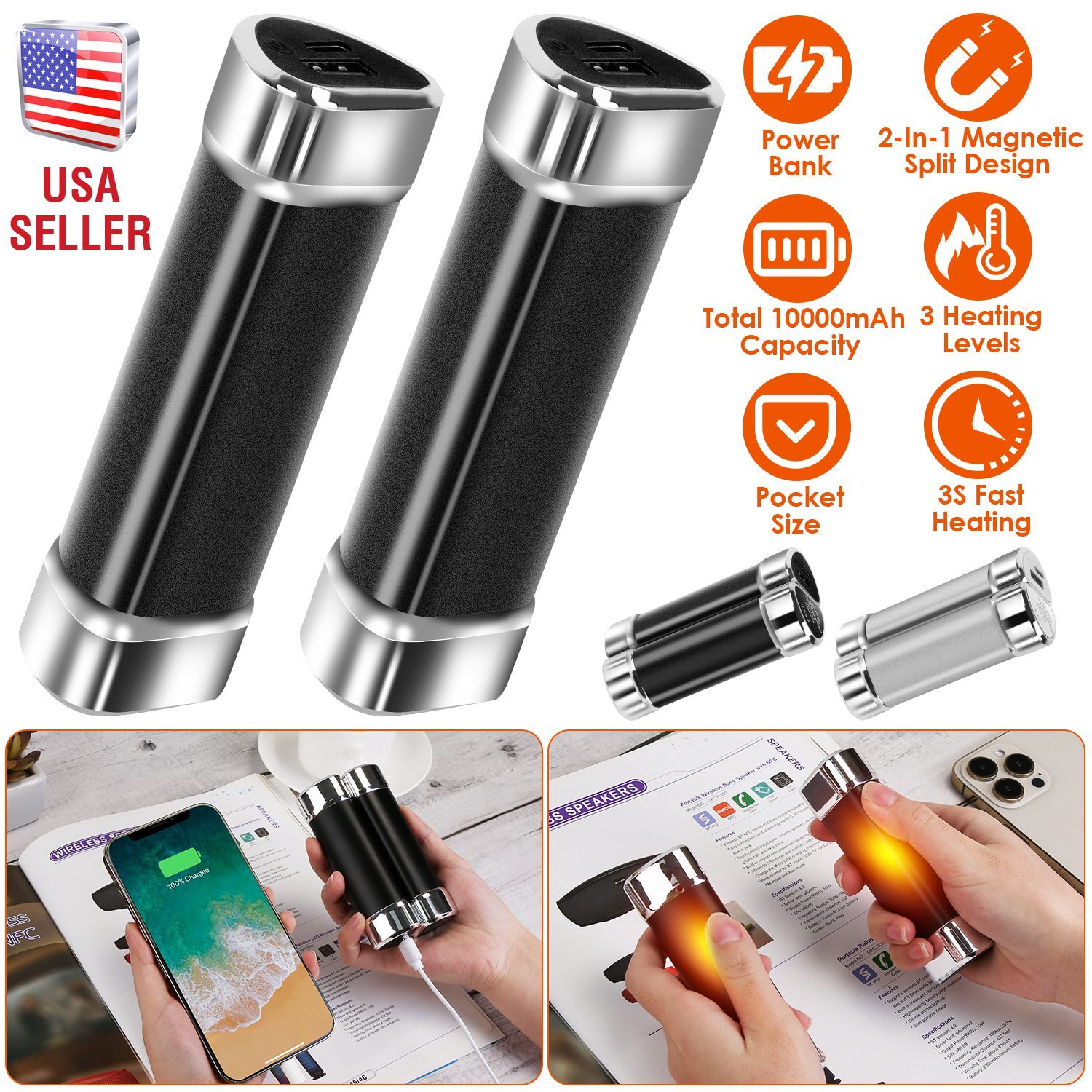 2PACK Magnetic Hand Warmer 10000mah Rechargeable Power Bank Portable Heater