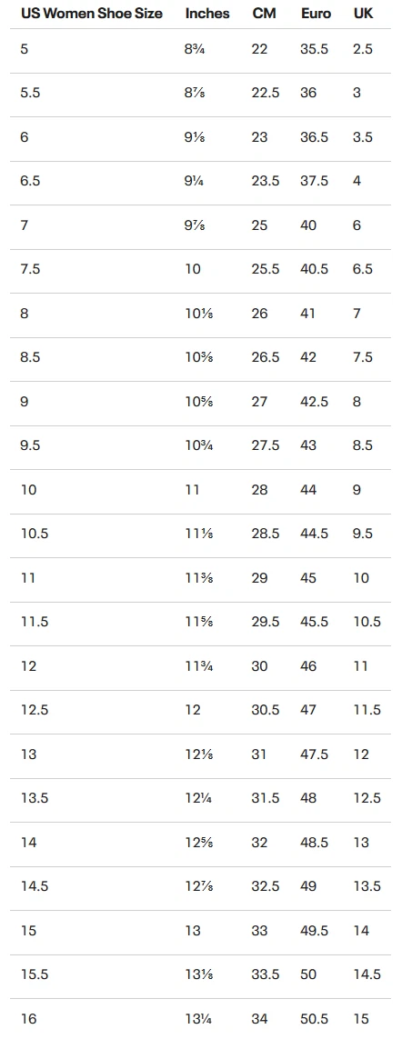 Under armour womens shoes size chart sale
