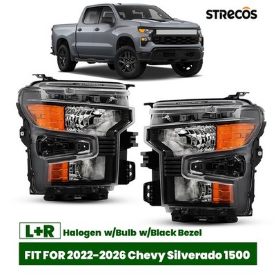 Halogen Headlight For 2022-2026 Chevy Silverado 1500 w/Black Trim w/Bulb Pair