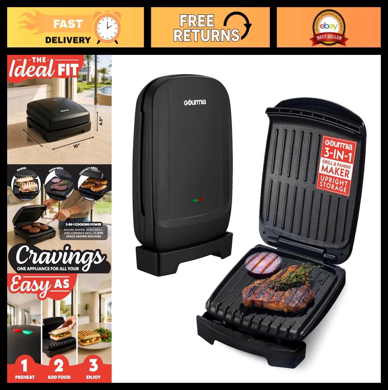 Indoor Grill & Panini Maker - 4 Serving Nonstick Ceramic, Open Grill, Removable