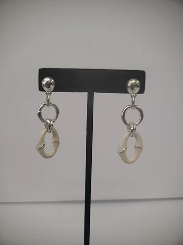 Vintage Silver Tone Earrings Pierced Silver Beige Drop Dangle Jewelry Costume