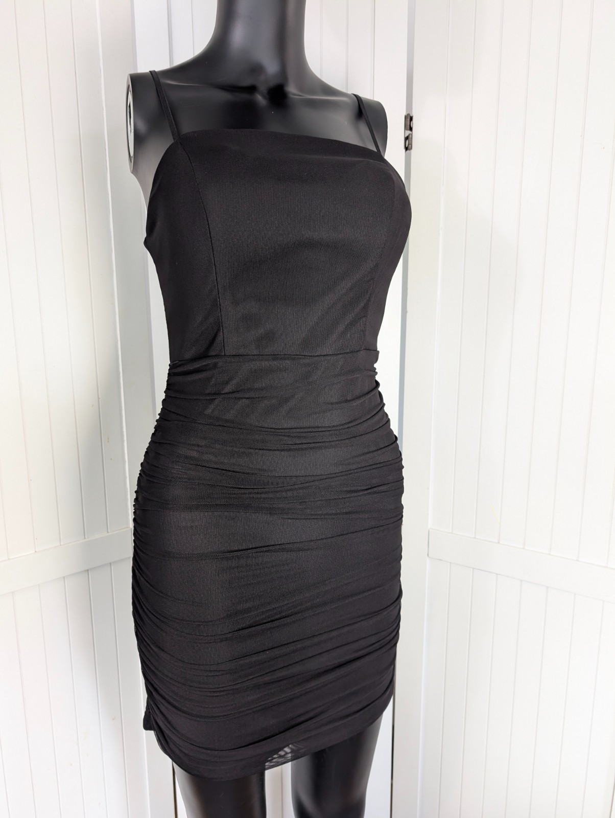 Midnight Doll Black Ruched Bodycon Mini Dress Size 7 Spaghetti Strap