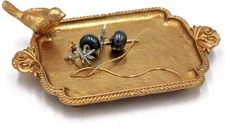 Antique Trinket Dish Vintage Golden Metal Jewelry Tray with Bird, Ring Holder