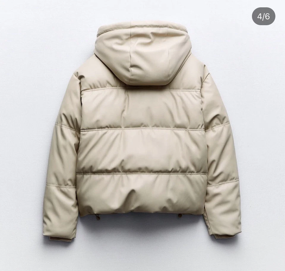 ZARA   ECRU FAUX LEATHER HOODED PUFFER COAT WITH ZIPPED POCKETS SIZE M - Image 3 of 4