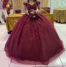 Red Off-Shoulder Girls' Quincea era Formal Dress with Floral Embellishments