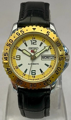 Vintage Seiko5 White Dial "D/D" 6309 Automatic Watch Leather Strap "Serviced"
