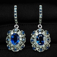 DANGLE EARRINGS WITH ROYAL BLUE SAPPHIRE 3.60CT IN 925 STERLING SILVER HANDMADE
