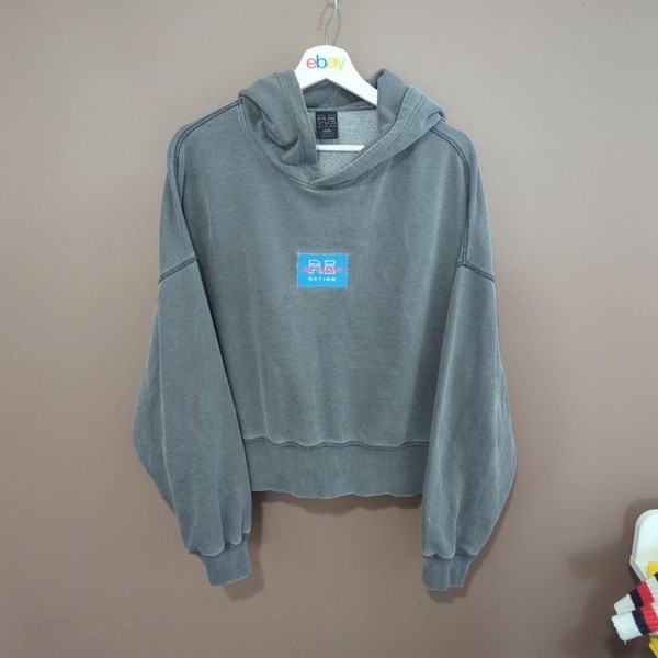 P.E Nation Hoodie Womens L Grey Cropped Pullover Fleece Logo Relaxed Sweatshirt