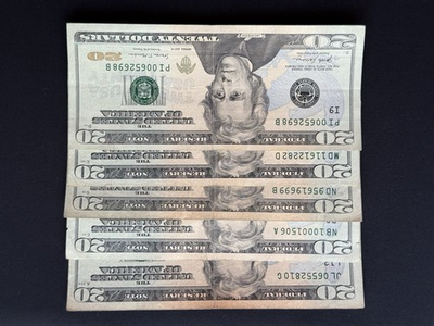 #ad Lot Of 5 Flipper Notes Fancy Serial Number Circulated $20 Flipper Note $195.00