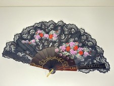 Vintage Folding Hand Fan Black Lace Floral Gold Decorative Fan