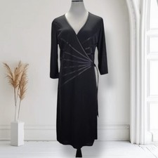 Vintage Tadashi 90s Black Faux Wrap Dress Satin Sunburst 3/4 Sleeve M