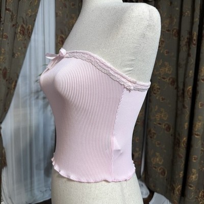 Pink Solid Ribbed Knit Strapless Tube Top Lace Trim Bow Stretch Womens S