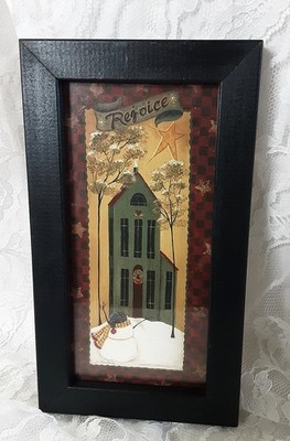 Primitive Folk Art Print by Jo Moulton ︎Rejoice ︎Framed Snowman House Star