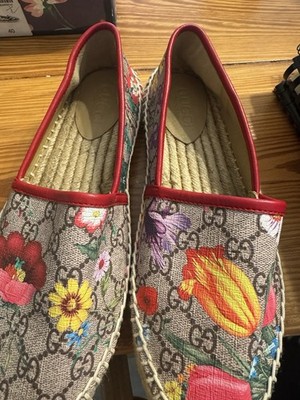 Gucci GG Blooms Floral Espadrilles Size 40 Beige Canvas Red Trim w/ Box Supreme